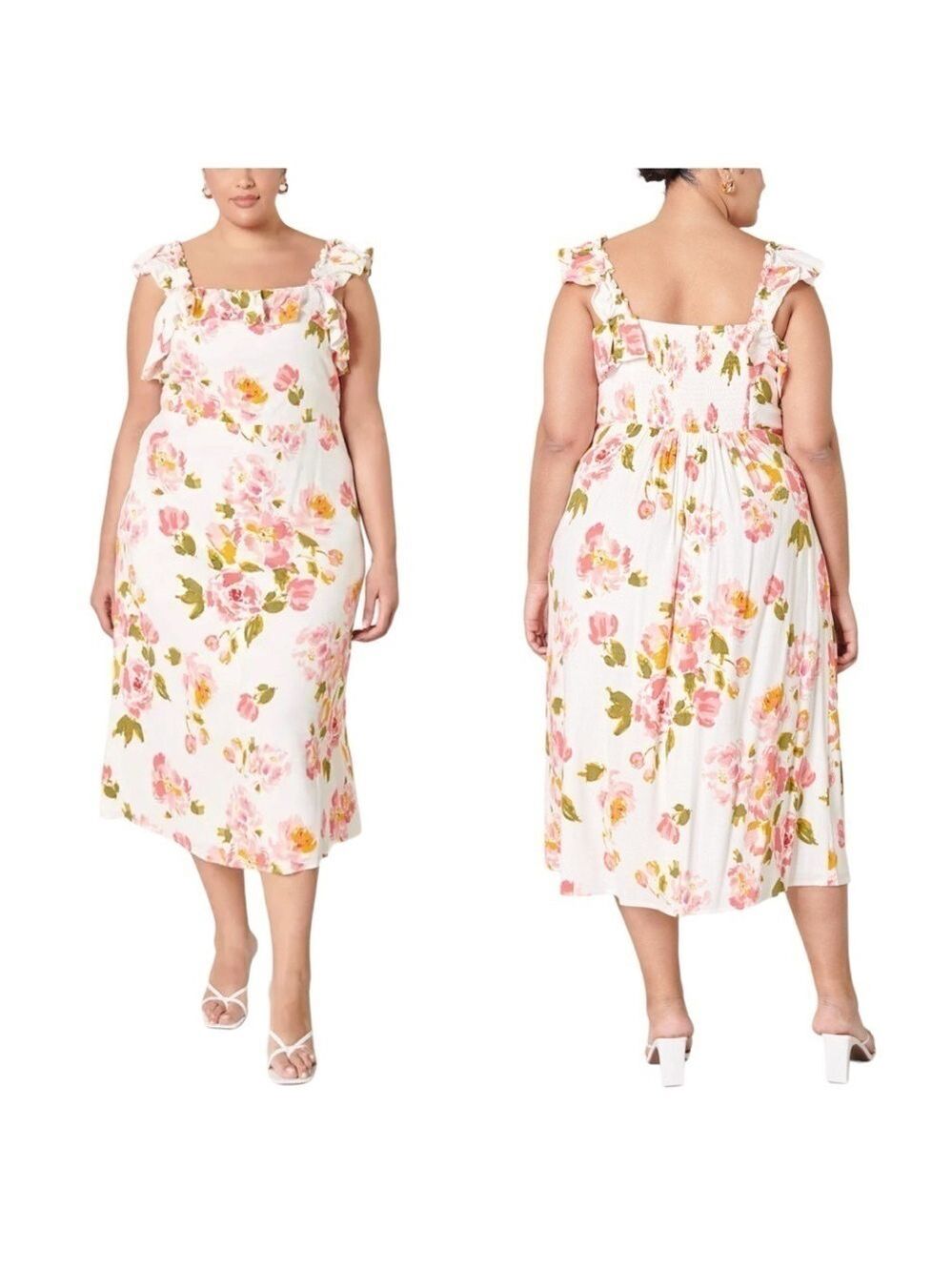 Sugarlips Curve Magdalena Floral Ruffle Trim Milo Midi Dress in Pink & White